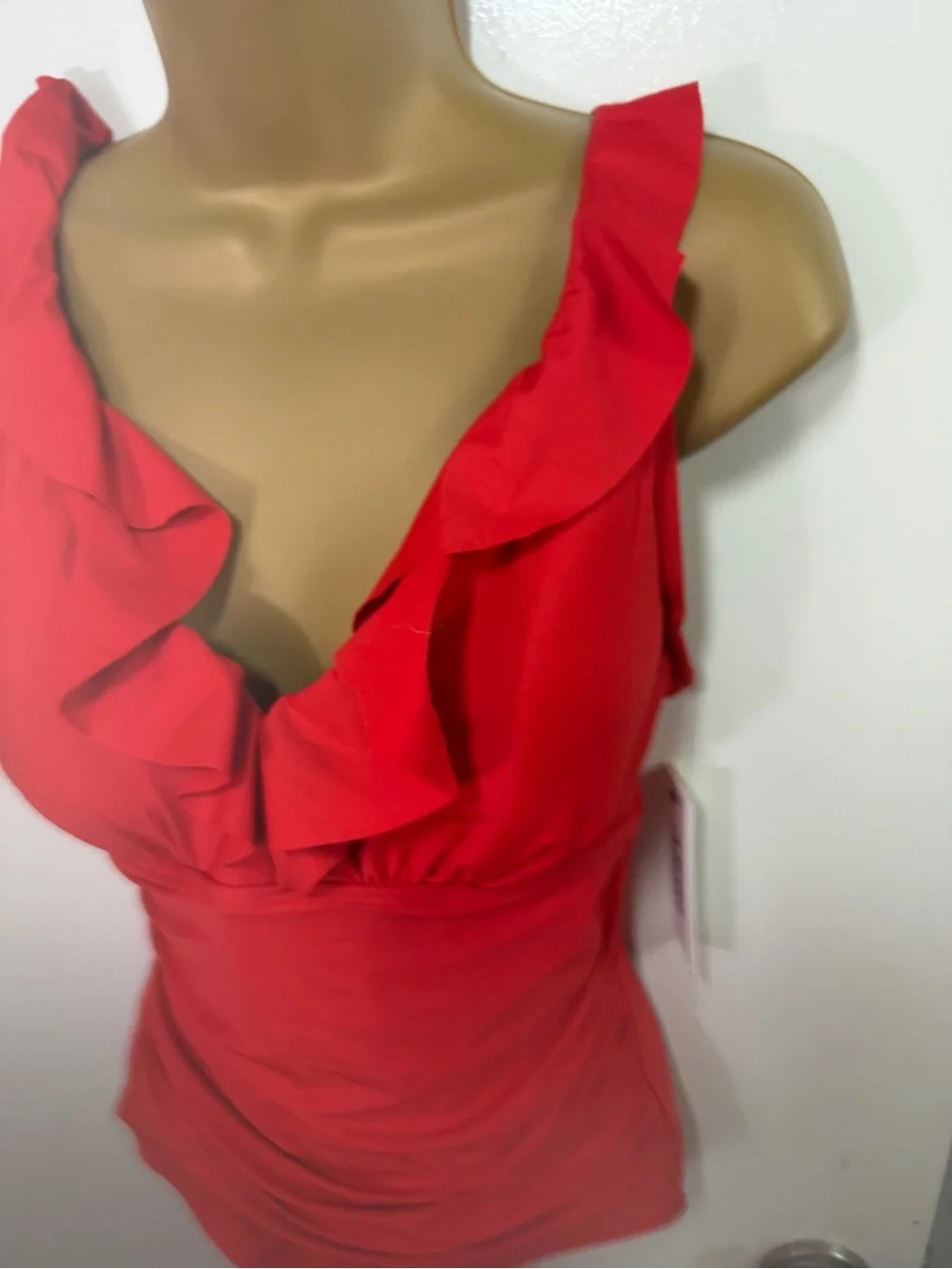 DKNY Red Ruffle Plunge Soft Cups Slimming Tummy Control One Piece Swimsuit NWT M - Picture 10 of 16